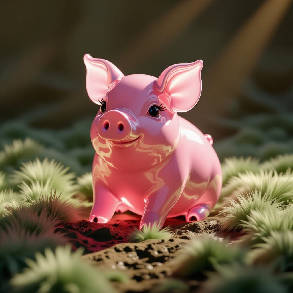 Hyperrealistic Glass Piglet on Fur Throw