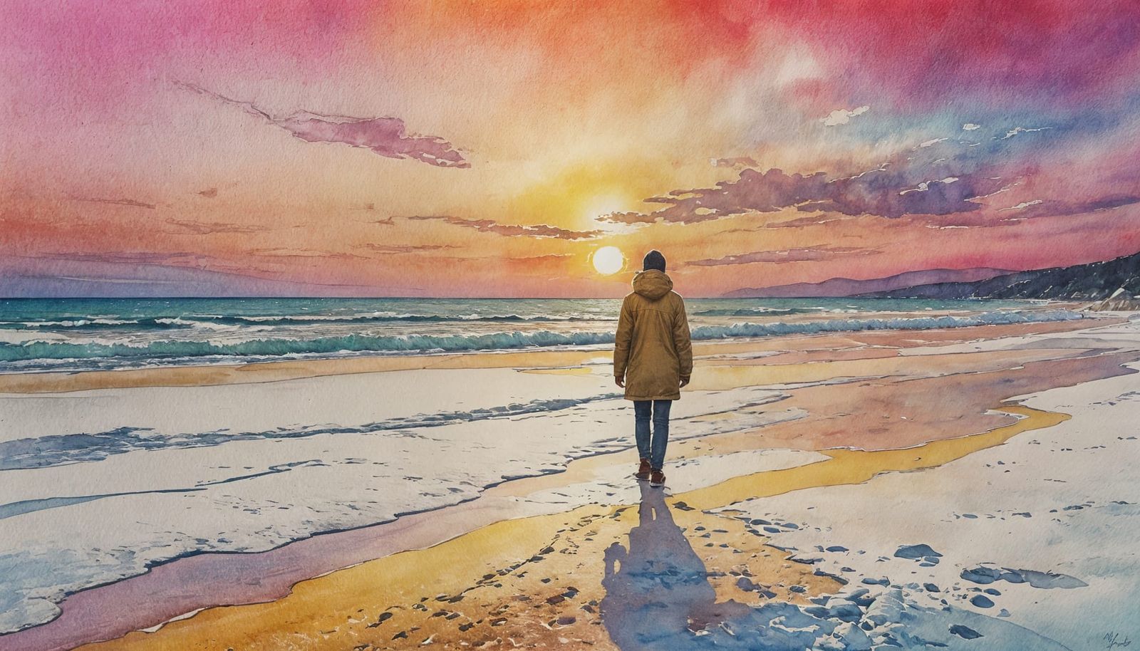 Psychedelic Winter Beach in Watercolor Style