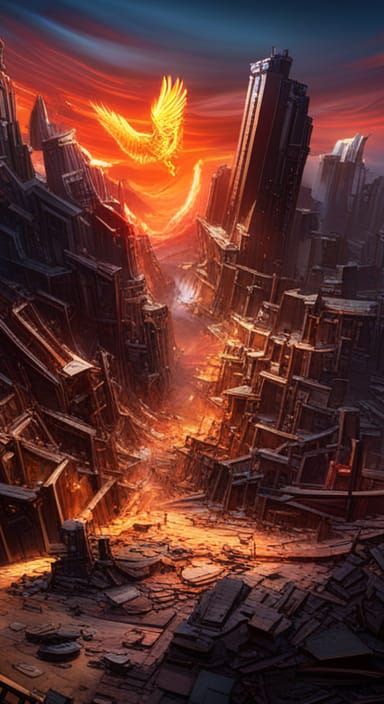 Phoenix Rising Above Destroyed City, Dark Fantasy Art