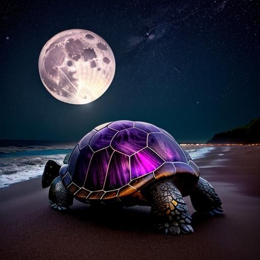 Steampunk Amethyst Turtle on Beach, Van Gogh Sky