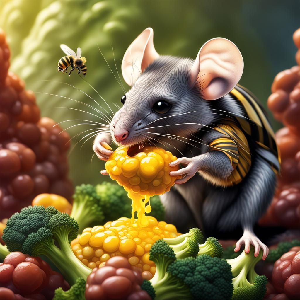 Mouse Dressed as Bee Eats Broccoli: Hyperrealistic Art