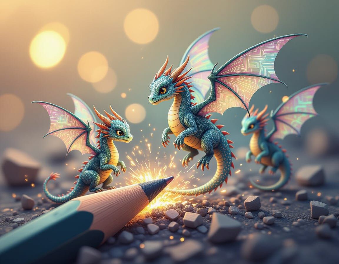 Tiny Dragons Emerge From Pencil Tip in Digital Art Style