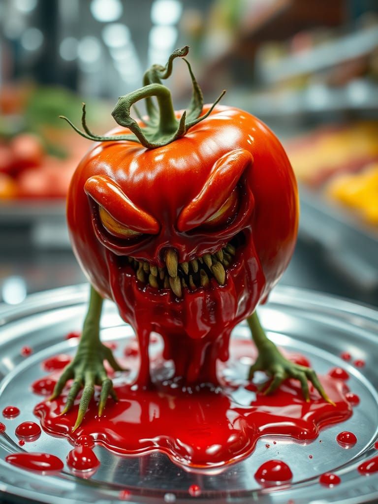 Creepy Zombie Tomato in a Vegetable Market Photo