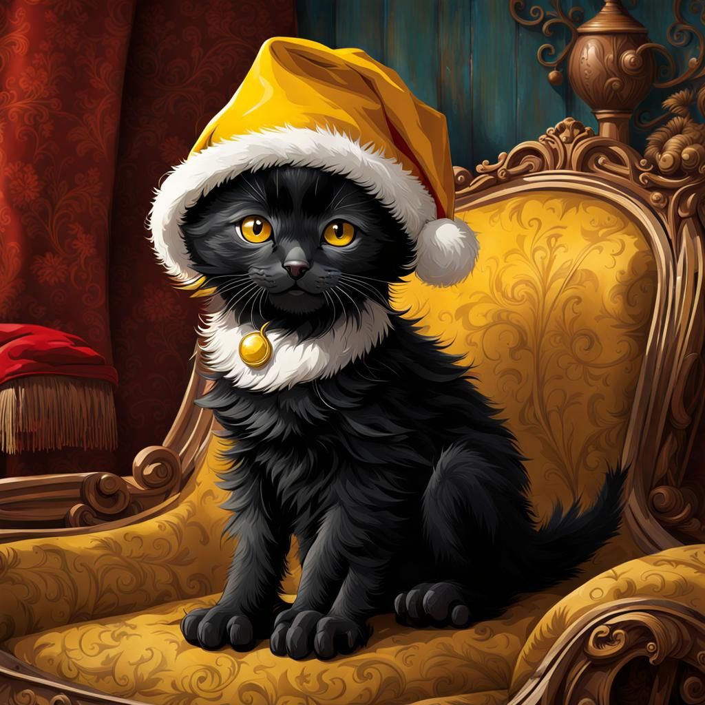 Black Kitten with Santa Hat in Christmas Room