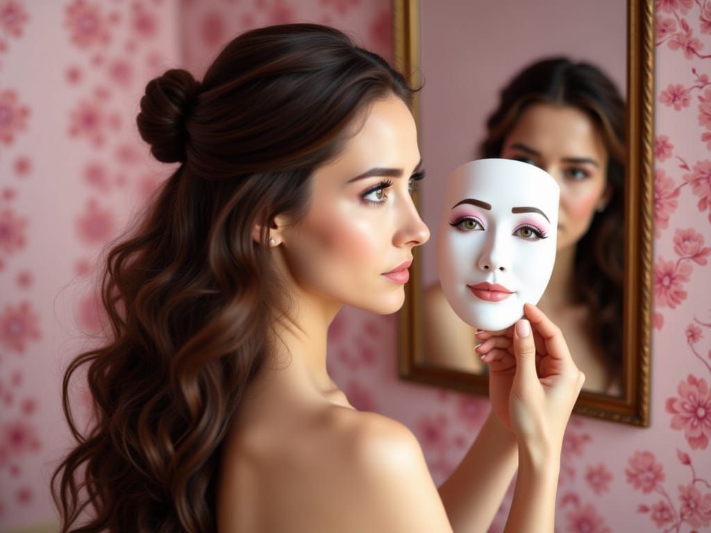 Woman With Happy Mask Reflects Sadness in Mirror