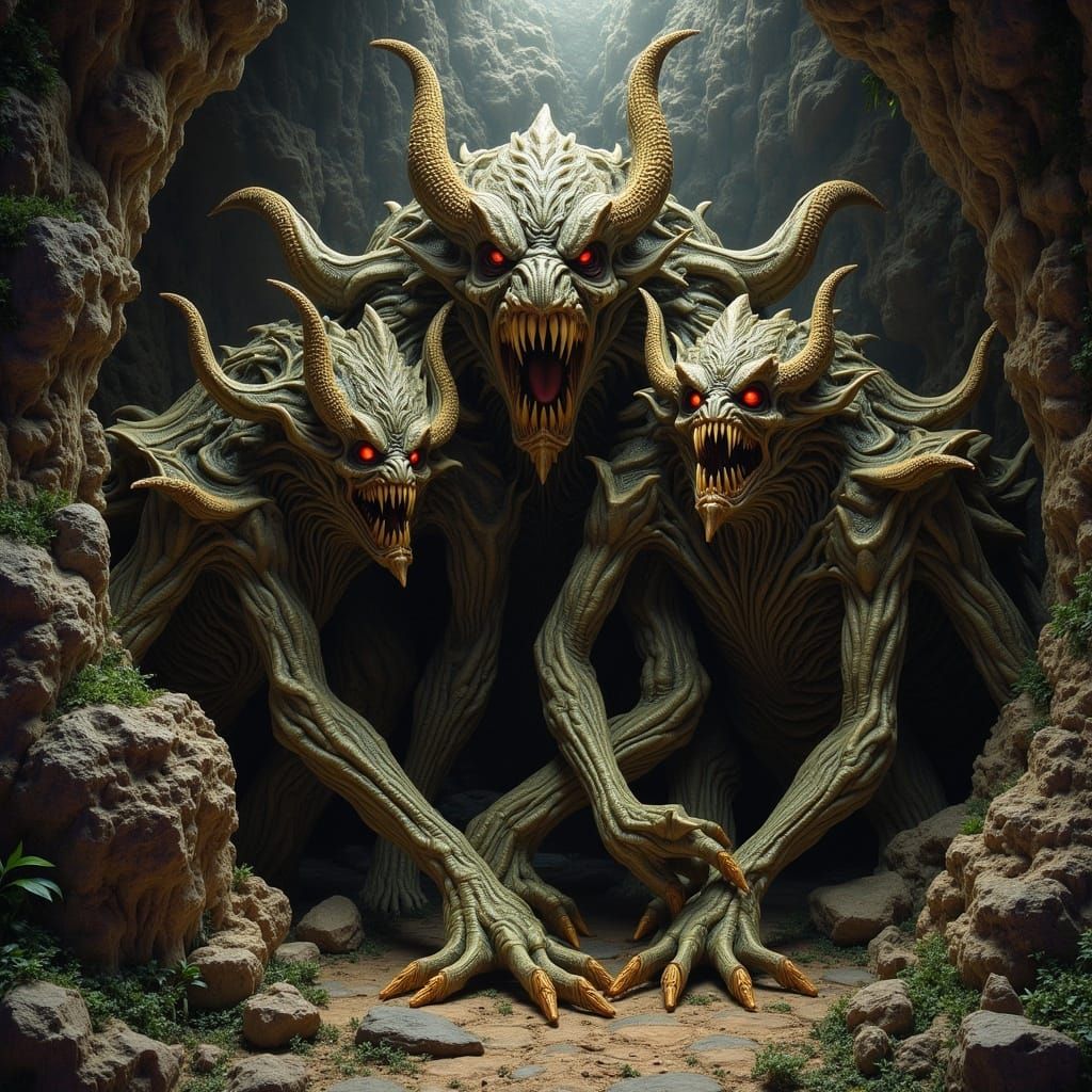 Dark Catacombs Housing a Three-Headed, Four-Armed Monster