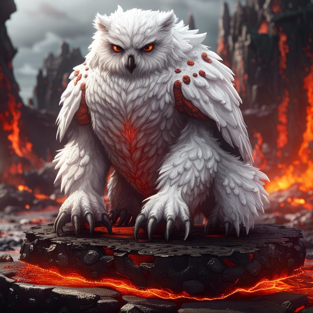 White Owlbear on Lava Platform in Detailed Matte Painting