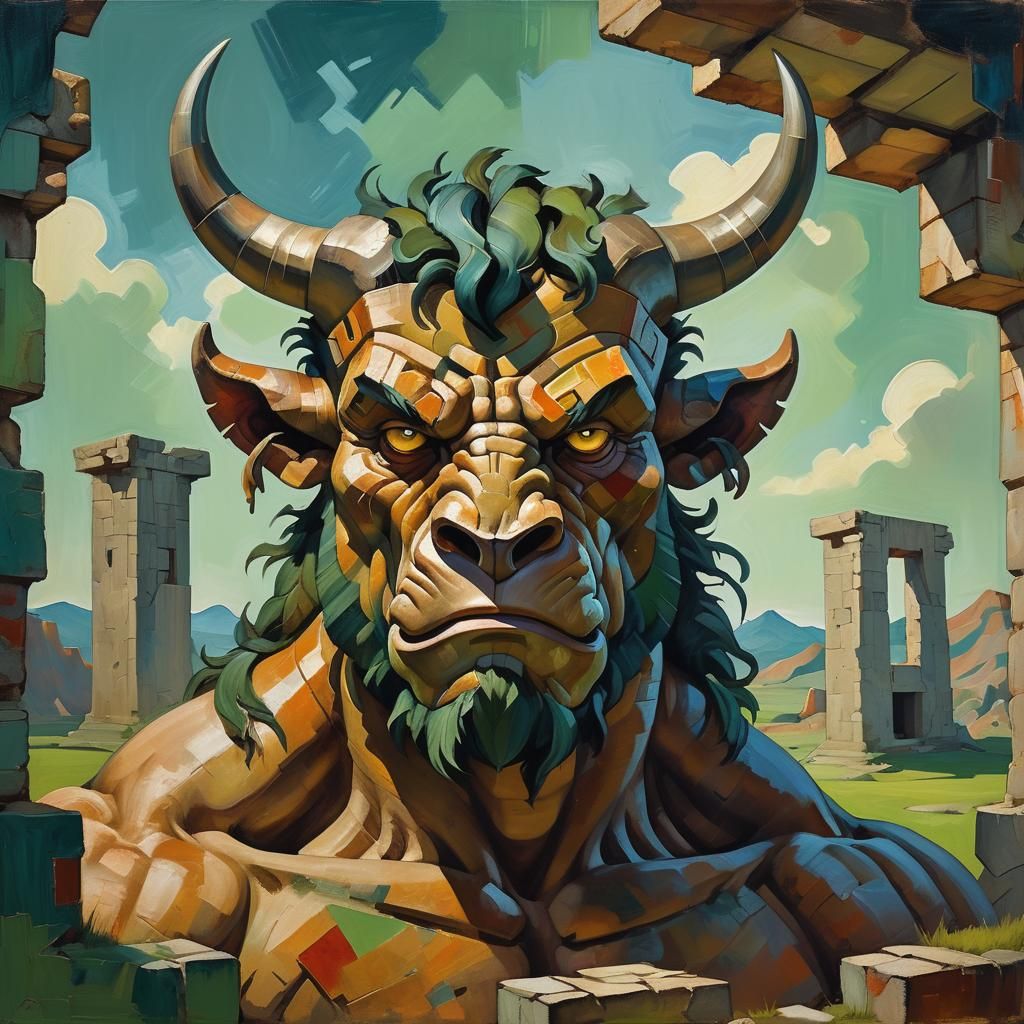 Fierce Minotaur Portrait in Expressionist Style