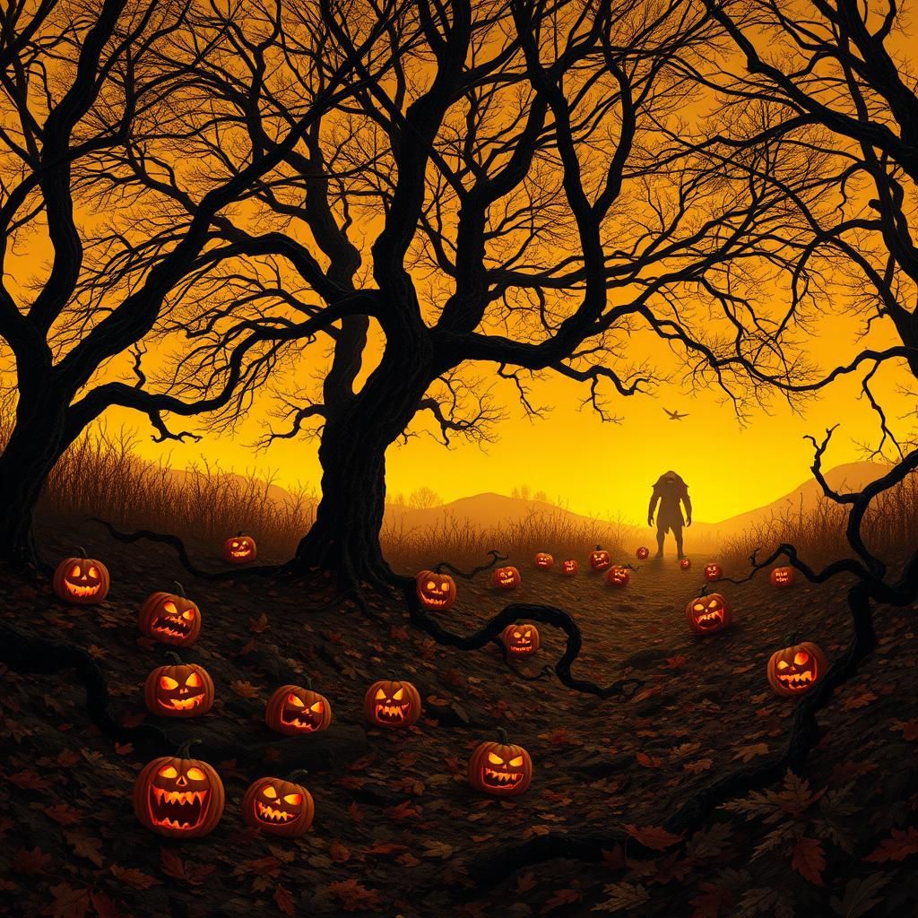 Eerie Autumnal Landscape with Jack-o'-Lanterns
