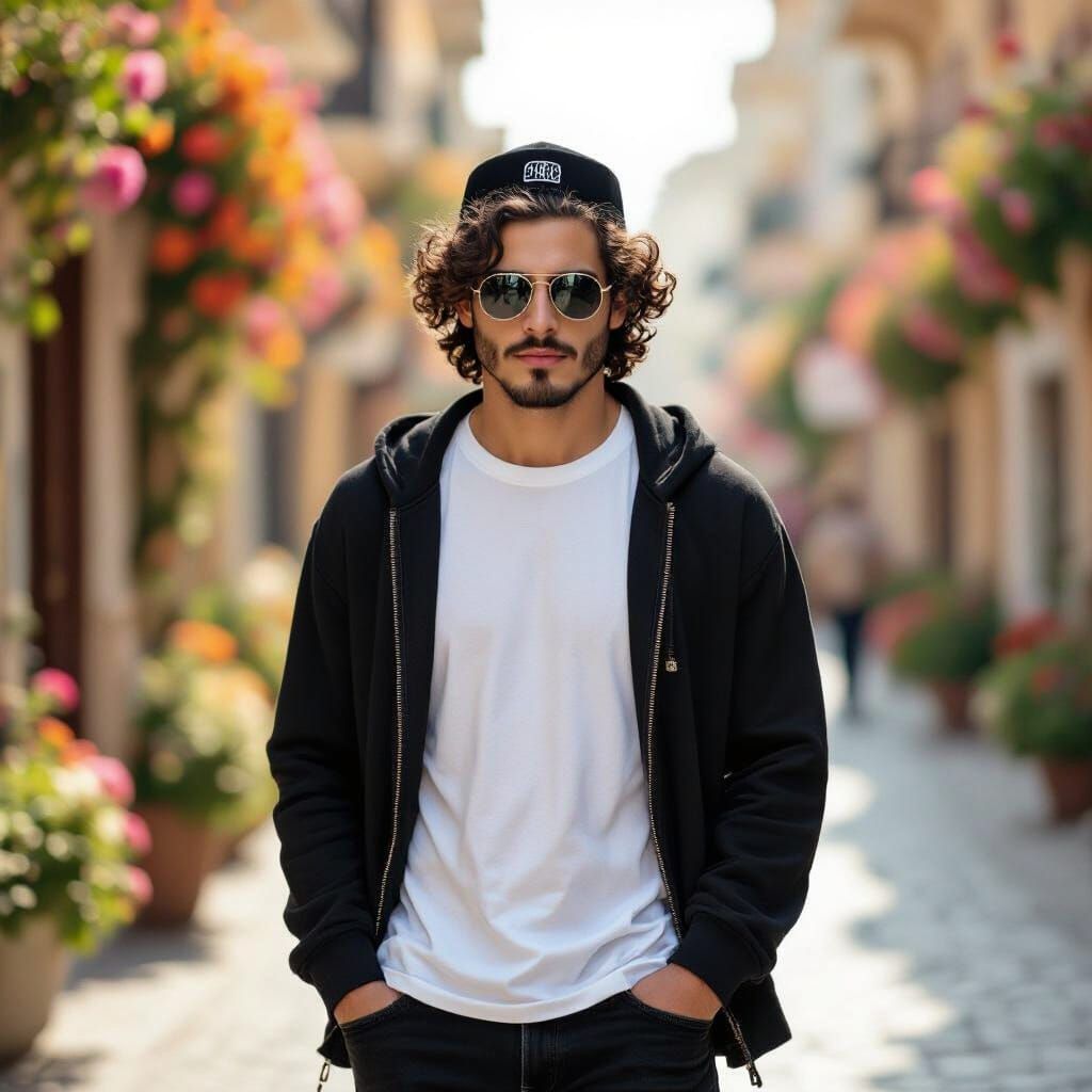 Ultra-Orthodox Man Walking Down Flower-Lined Street