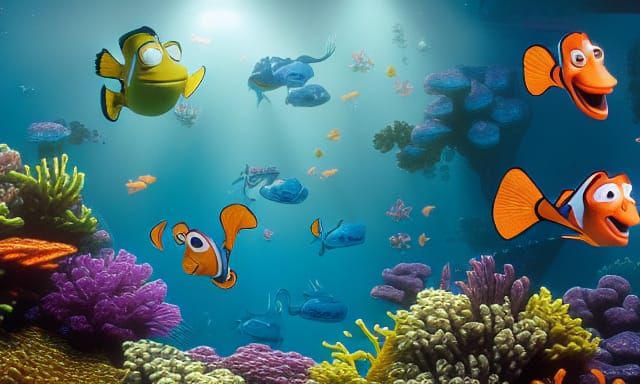 Pixar-Style Fish Tank Scene with Animated Characters