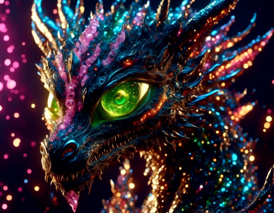 Cute Dragon with Wolf Ears and Volcano Reflection