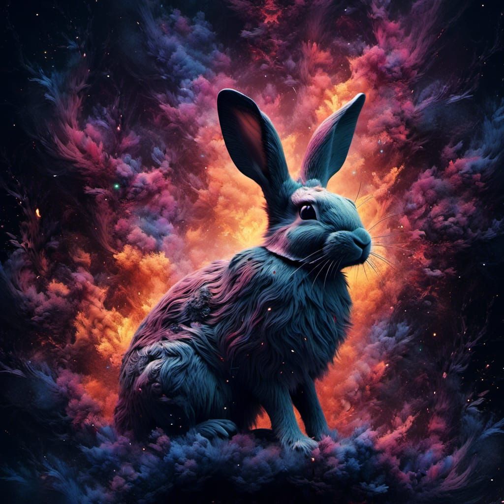 Burning Forest Rabbit in Watercolor Galaxy Style