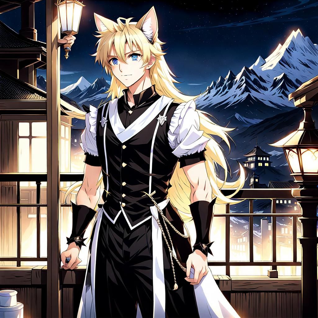 Anime Cat-Boy in Maid Dress on Balcony at Night