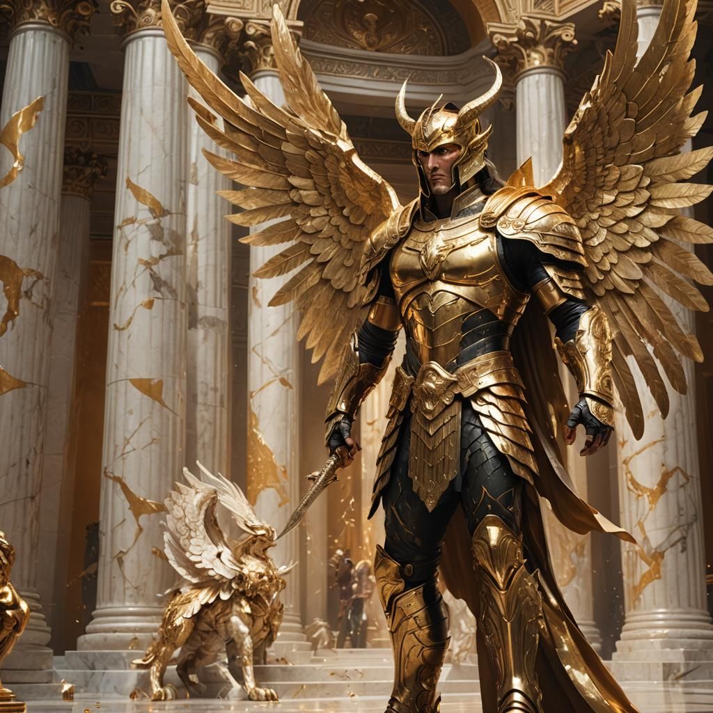 Lucifer in Golden Armor, Hyperrealistic Concept Art