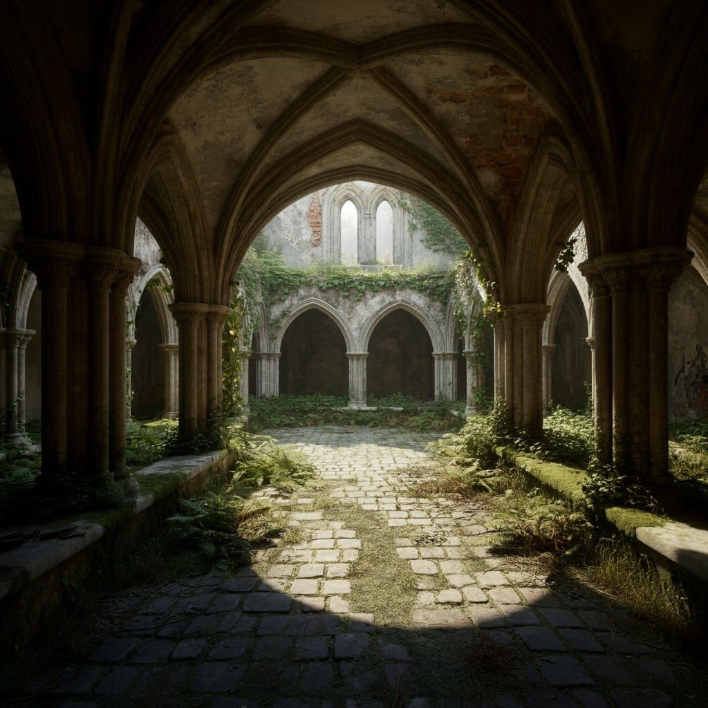 Forgotten Gothic Cloister Courtyard Reclaimed by Nature