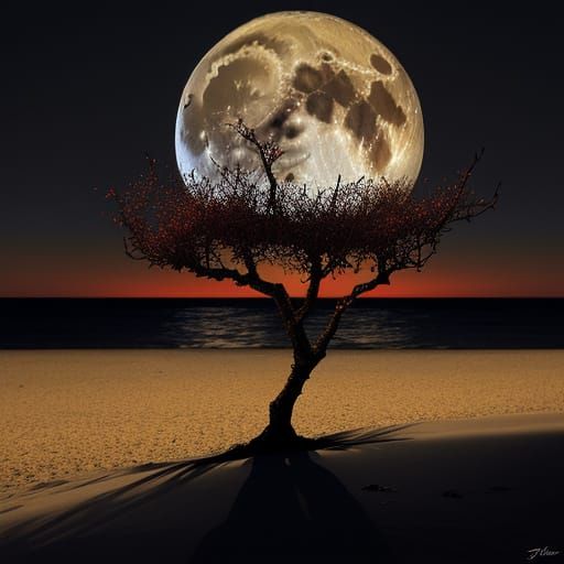 Fiery Moonlit Beachscape with Thorny Bush