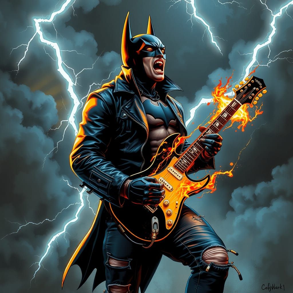 Batman Shreds Guitar in Cyberpunk Comic Style