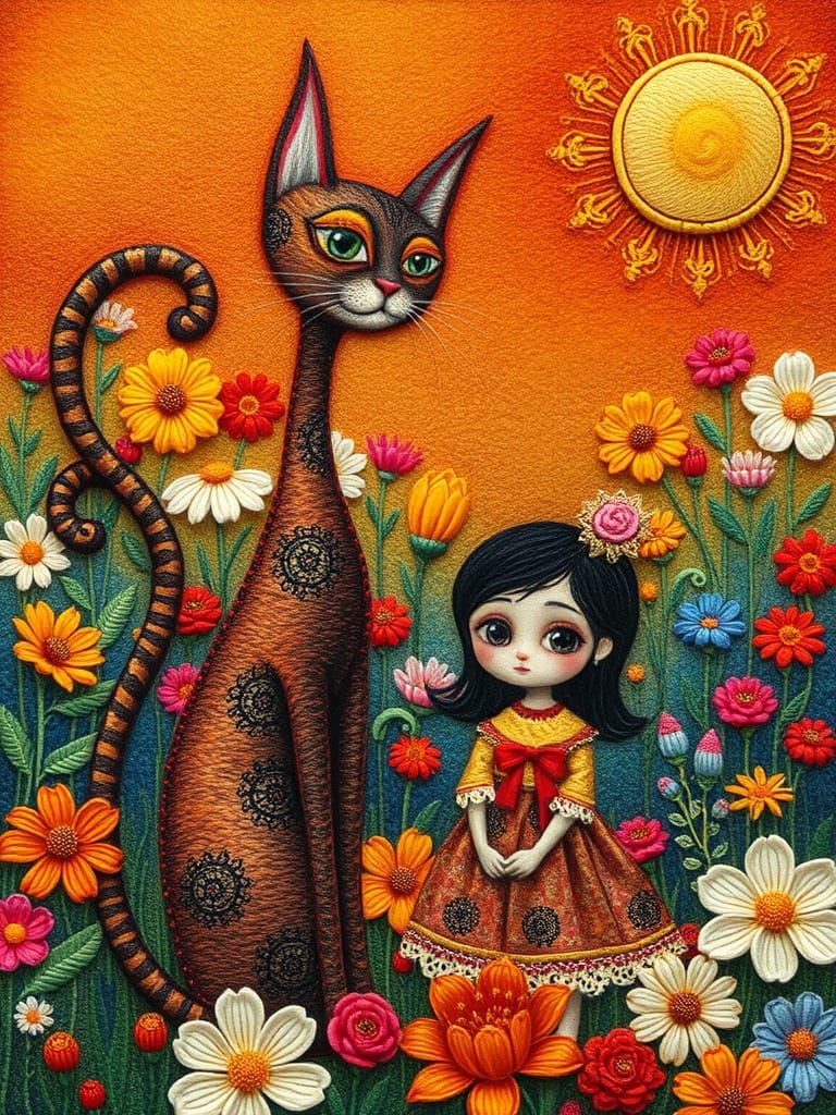 Whimsical Cat and Girl in Klimt-Inspired Garden