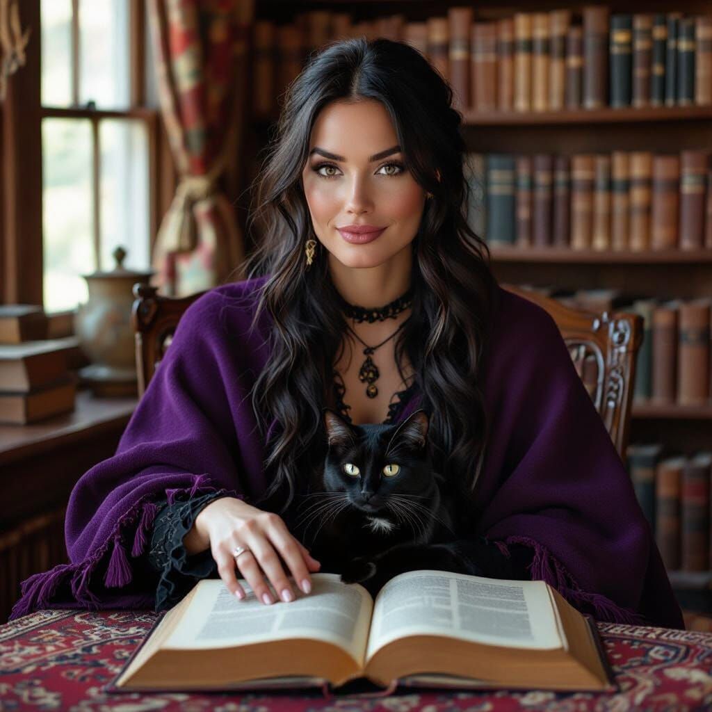 Gothic Woman with Black Cat in Cozy Study