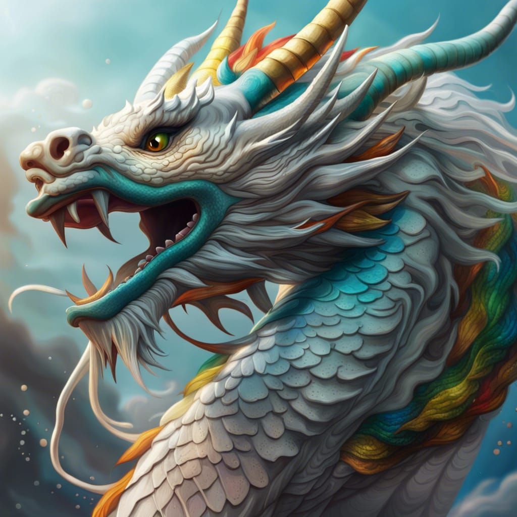 Detailed White Chinese Dragon in Flight