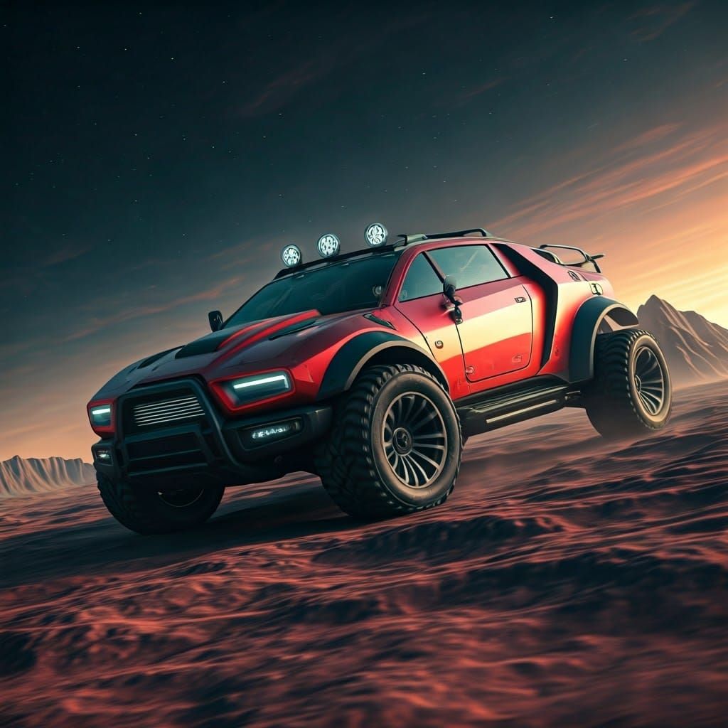 Red Futuristic Tank Blazing Through Lunar Cratered Landscape