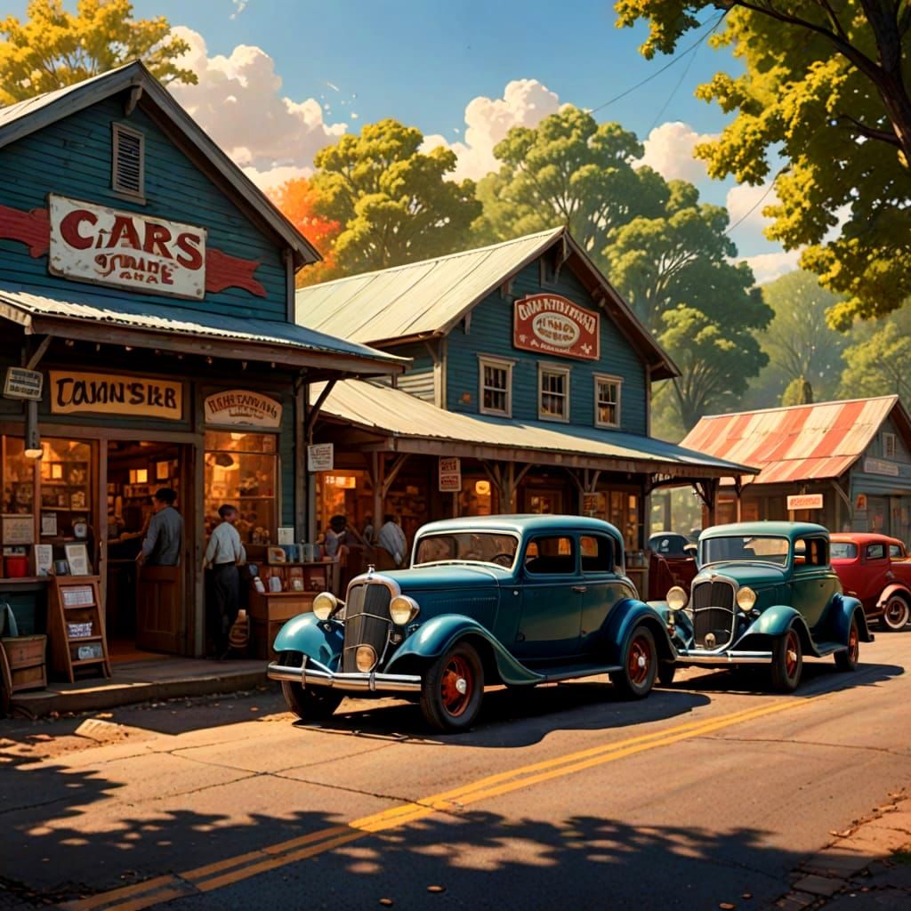 Retro Cars at a Country Store in Vivid Color