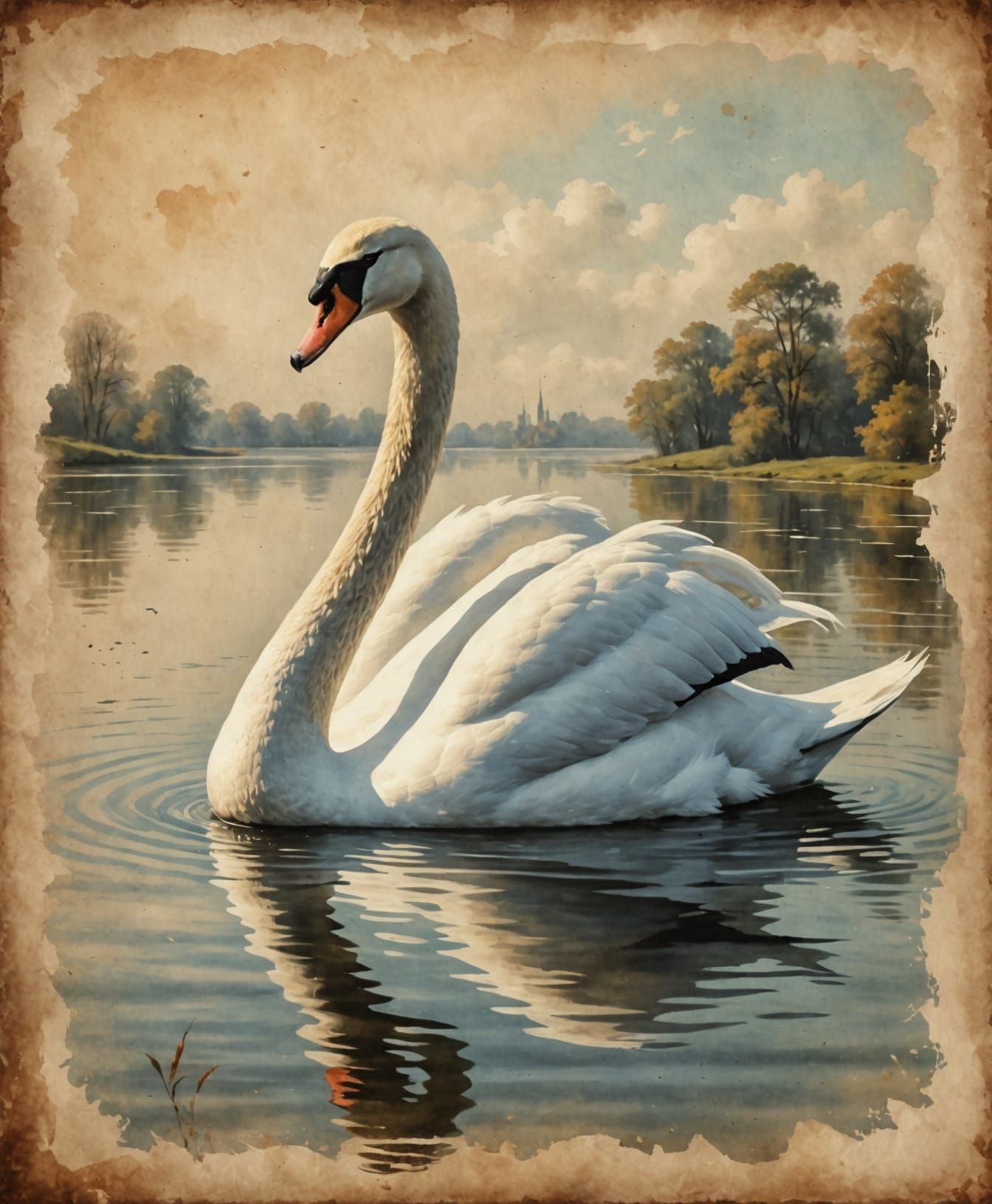 Elegant Swan Set Against Antique Paper