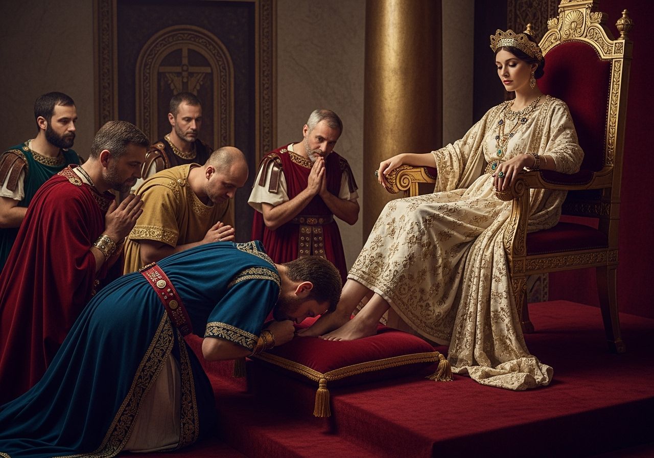 Elegant Roman Empress on Golden Throne, Professional Photogr...
