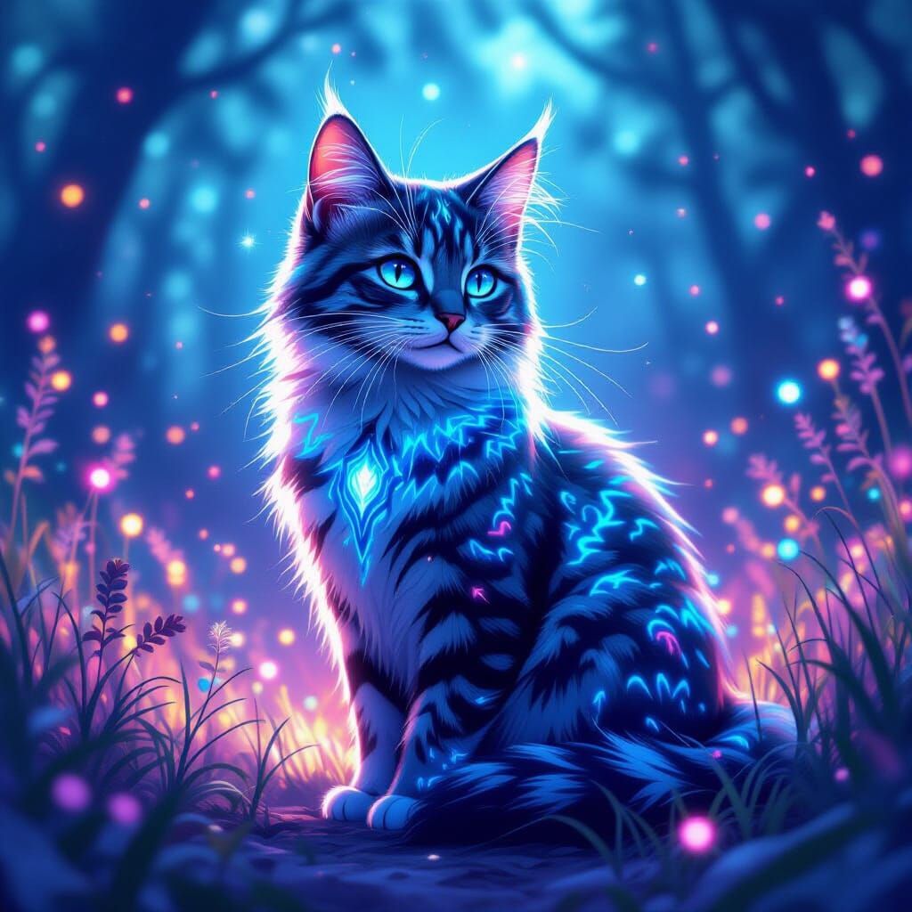 Celestial Cat in Bioluminescent Dreamscape