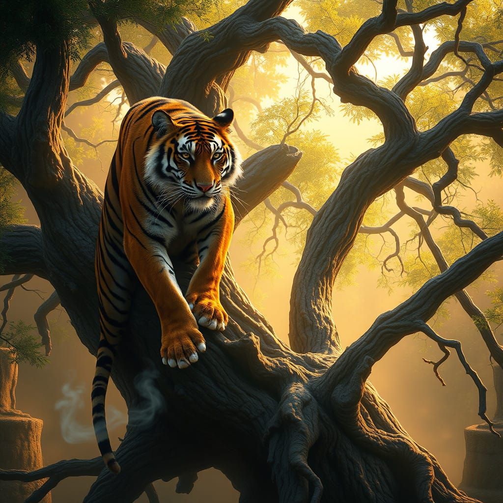 Majestic Tiger Conquers Ancient Tree in Vibrant Fantasy Land...