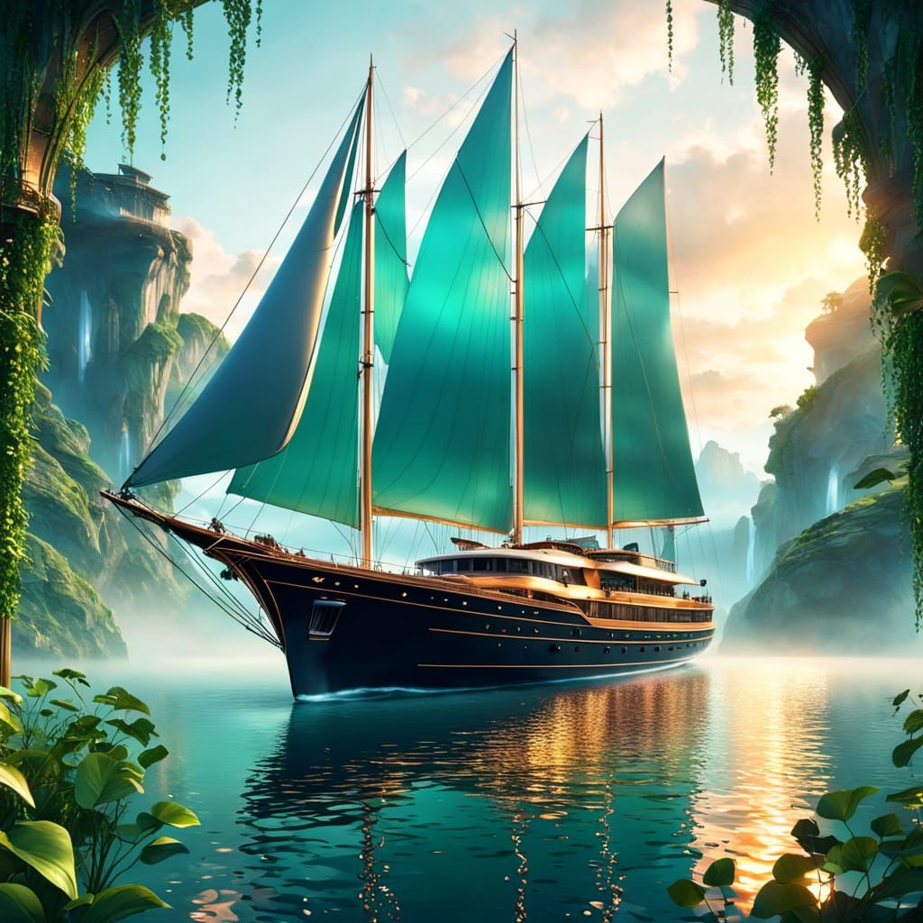 Lush Yacht with Glowing Sails: Art Nouveau Digital Painting