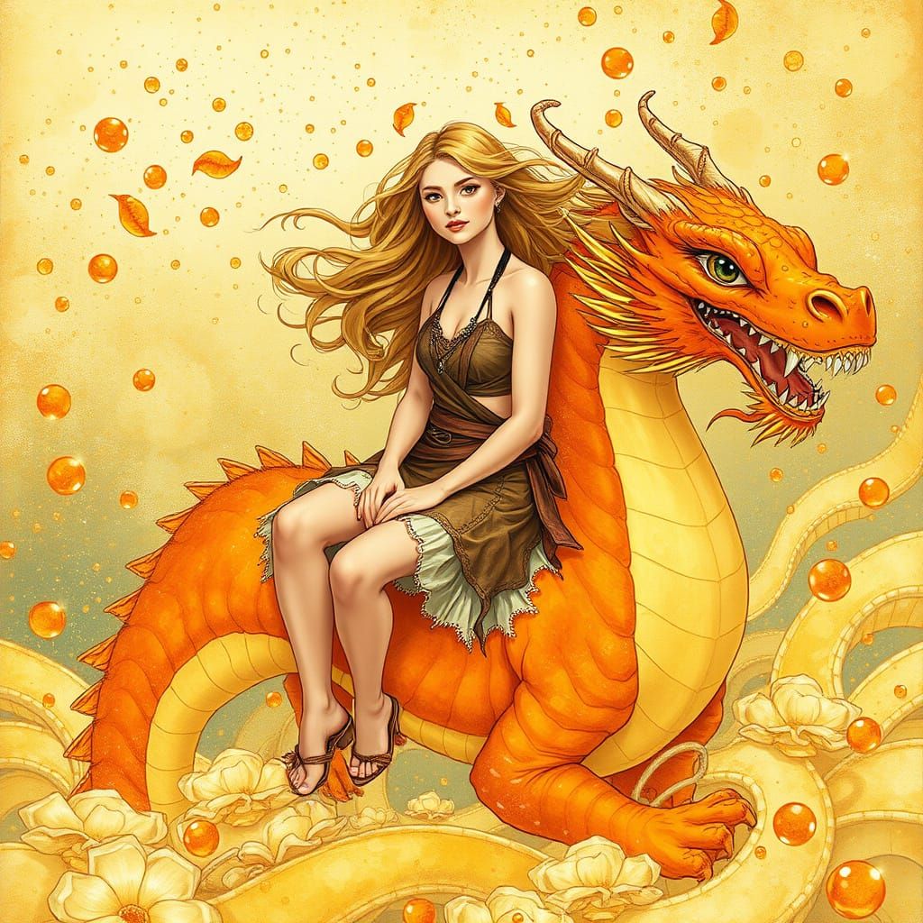 Woman on Gummy Dragon in Effervescent Soda Sea