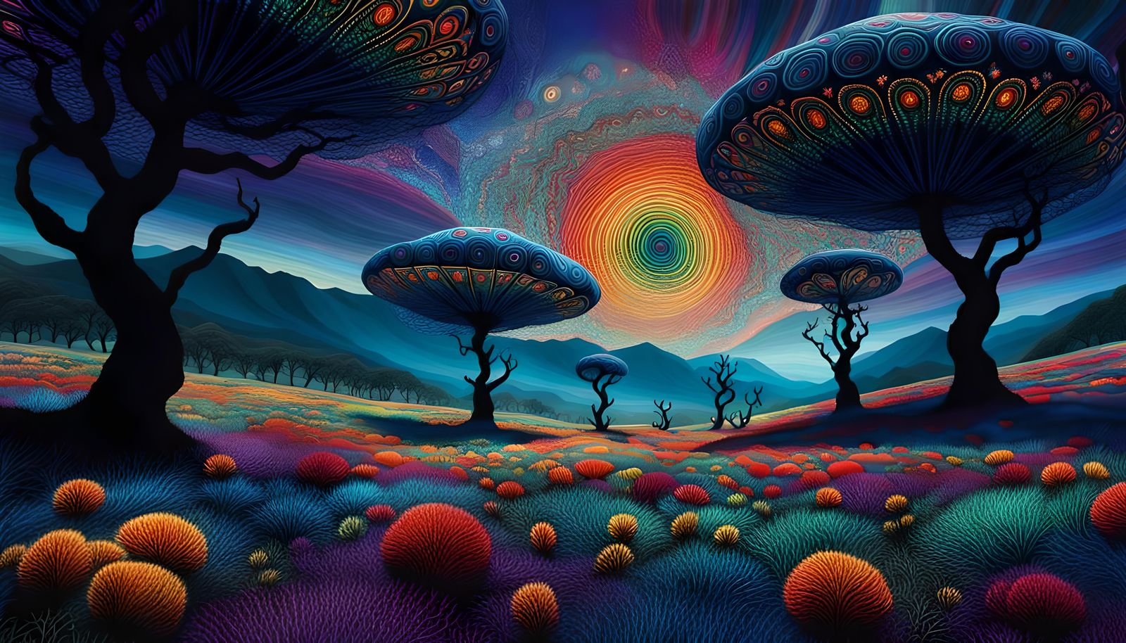 Psychedelic Meadow with Dramatic Lighting