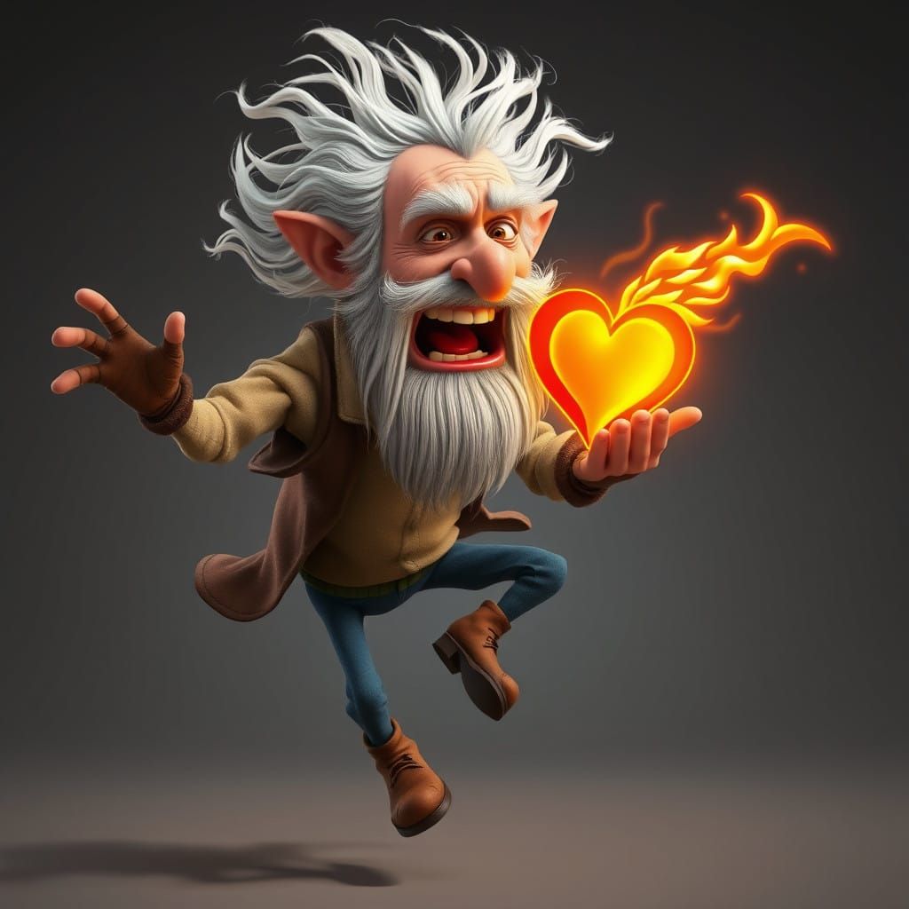 Frantic Elderly Man with Flaming Heart in 3D Animation