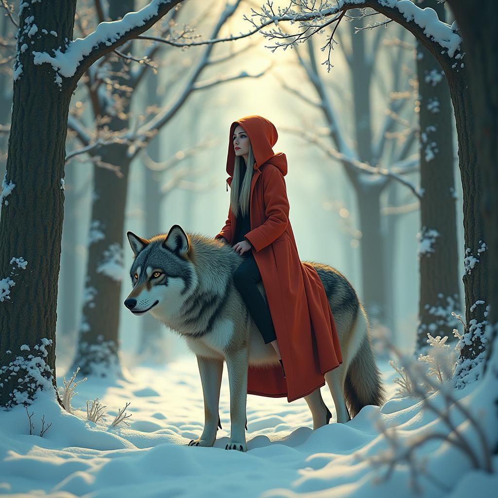 Red Hood and Wolf in Snowy Forest