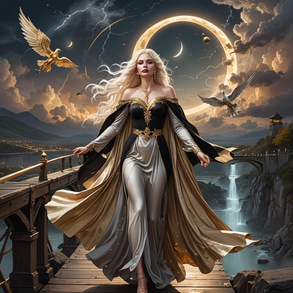 Winged Goddess with Black Moon in Fantasy Landscape
