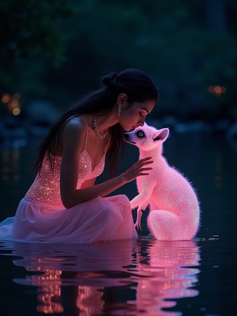 Woman in Mystical Nighttime Scene with Glowing Bioluminescen...