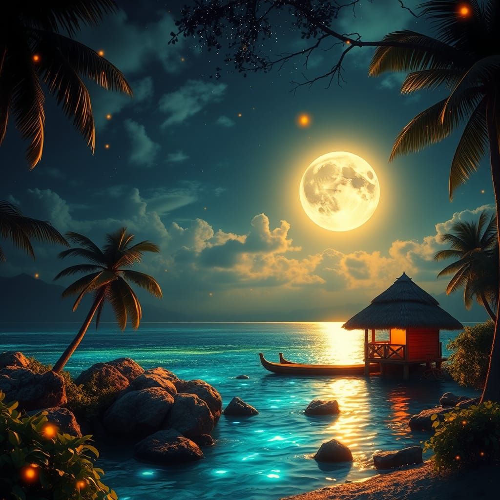 Moonlit Tropical Paradise Scene in Hyper-Realistic Style