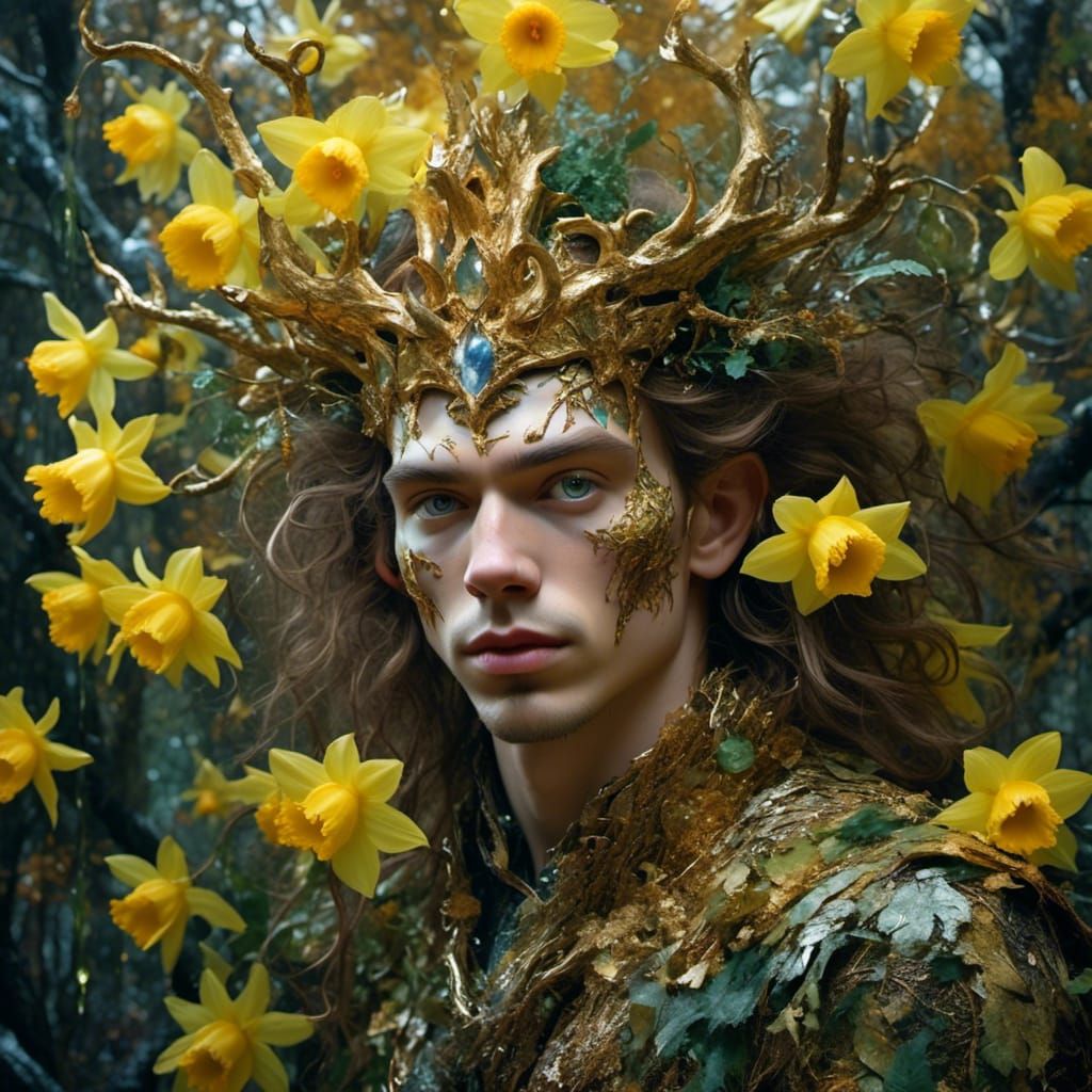 Wizard Surrounded by Daffodils in Klimt Style