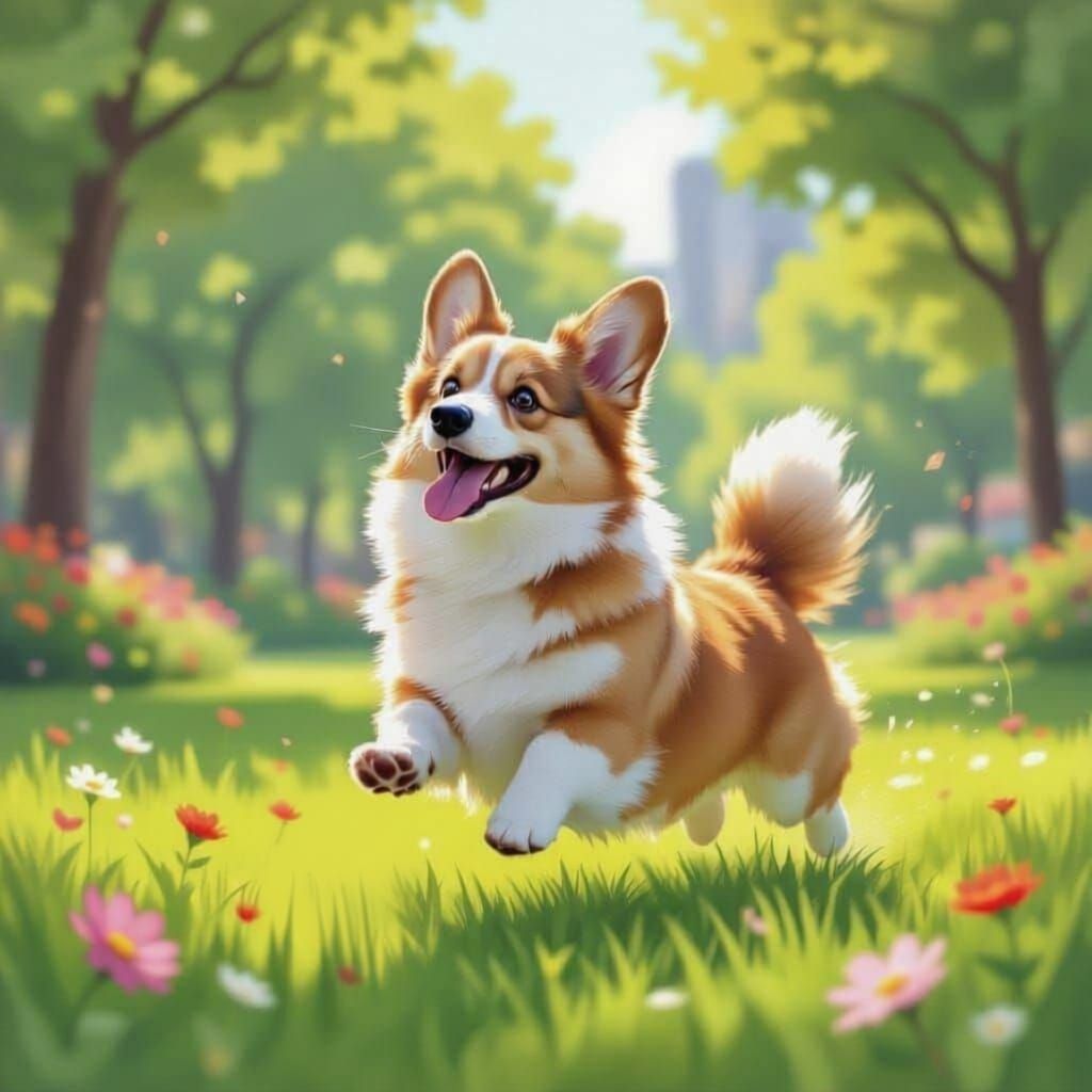 Corgi Plays Fetch in Sunny City Park