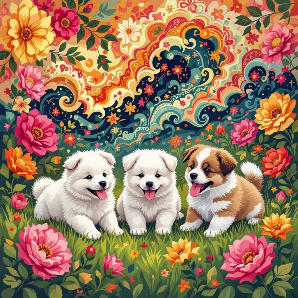 Samoyed and Frenchie Puppies Playing in Vibrant Flower Garde...