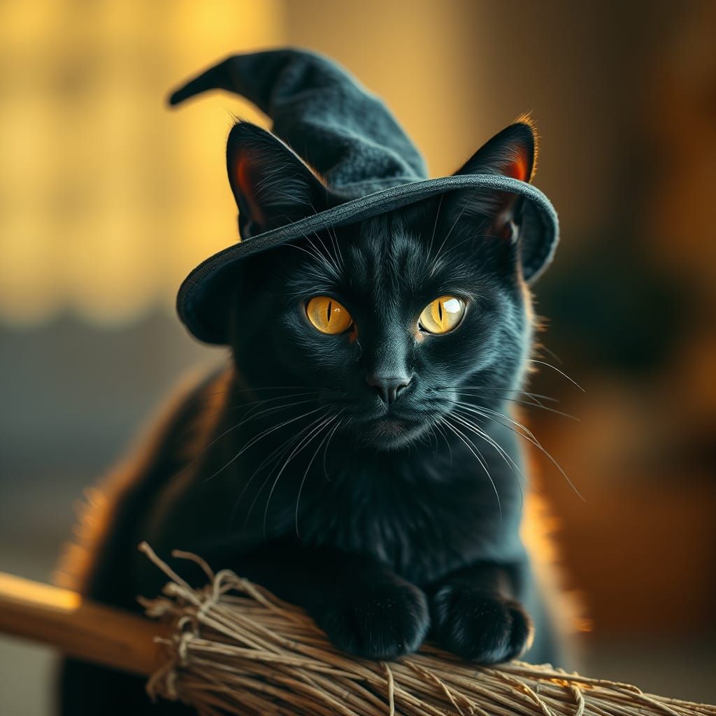 Black Cat Witch With Broom in Natural Light