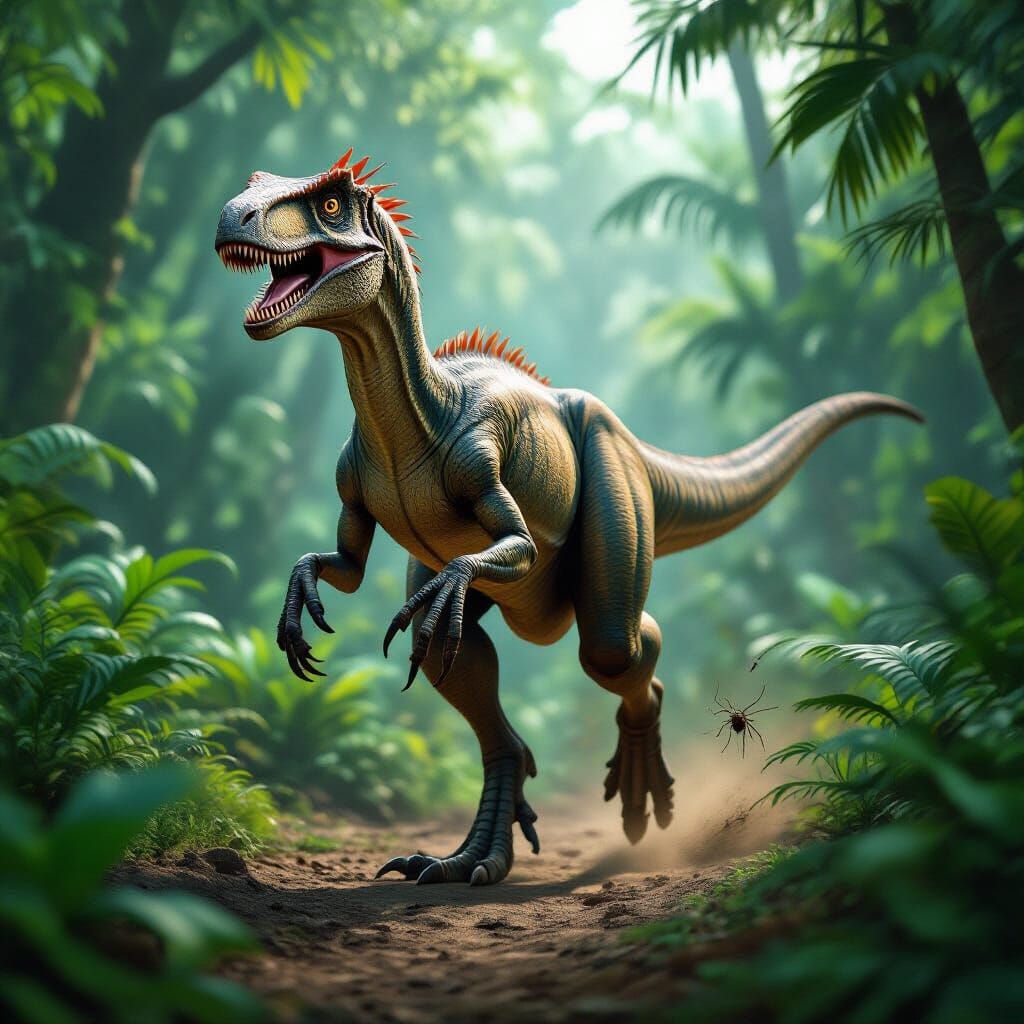 Theropod Dinosaur Running Through Jurassic Jungle