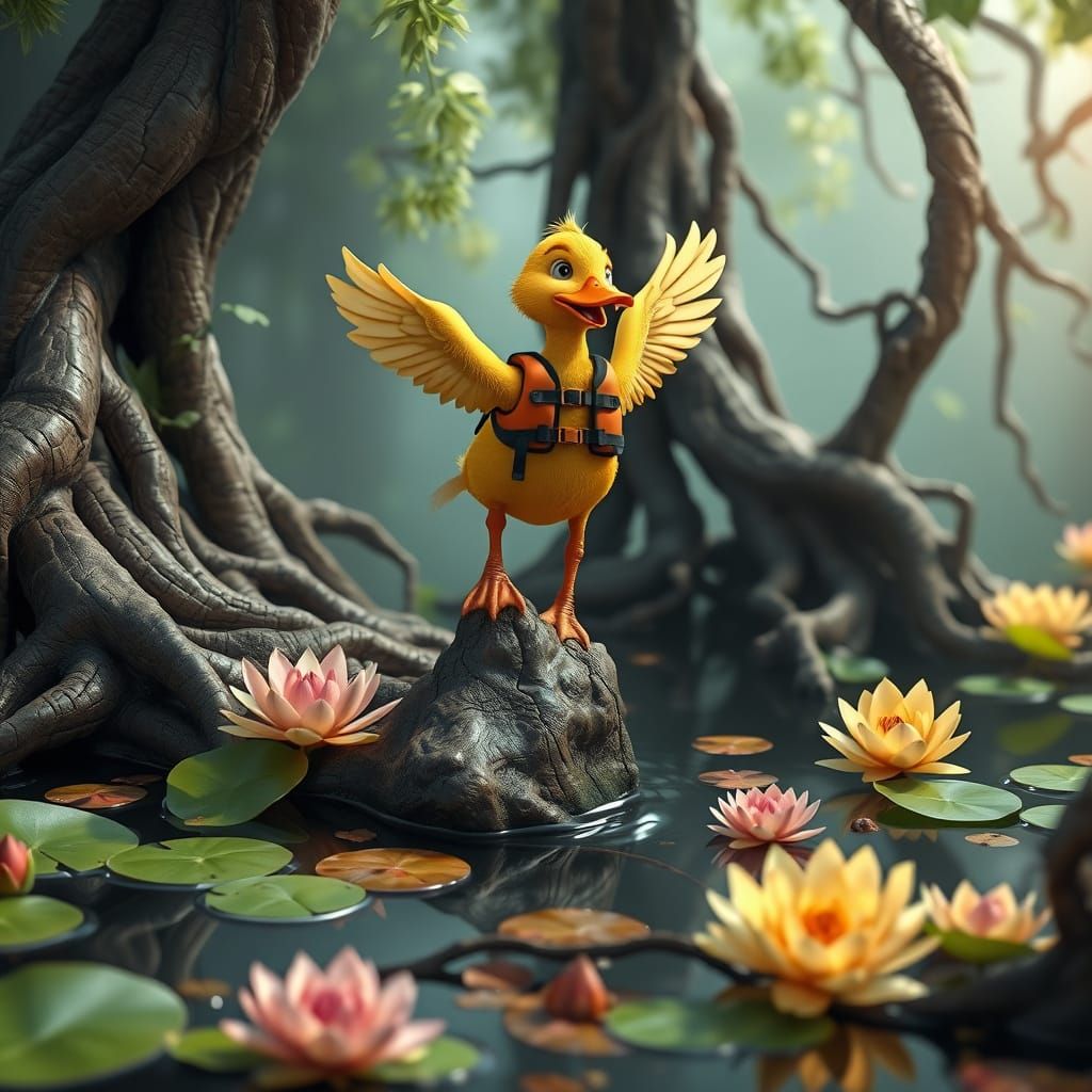 Duck in Peril on a Serene Pond in Dreamlike Matte Painting S...