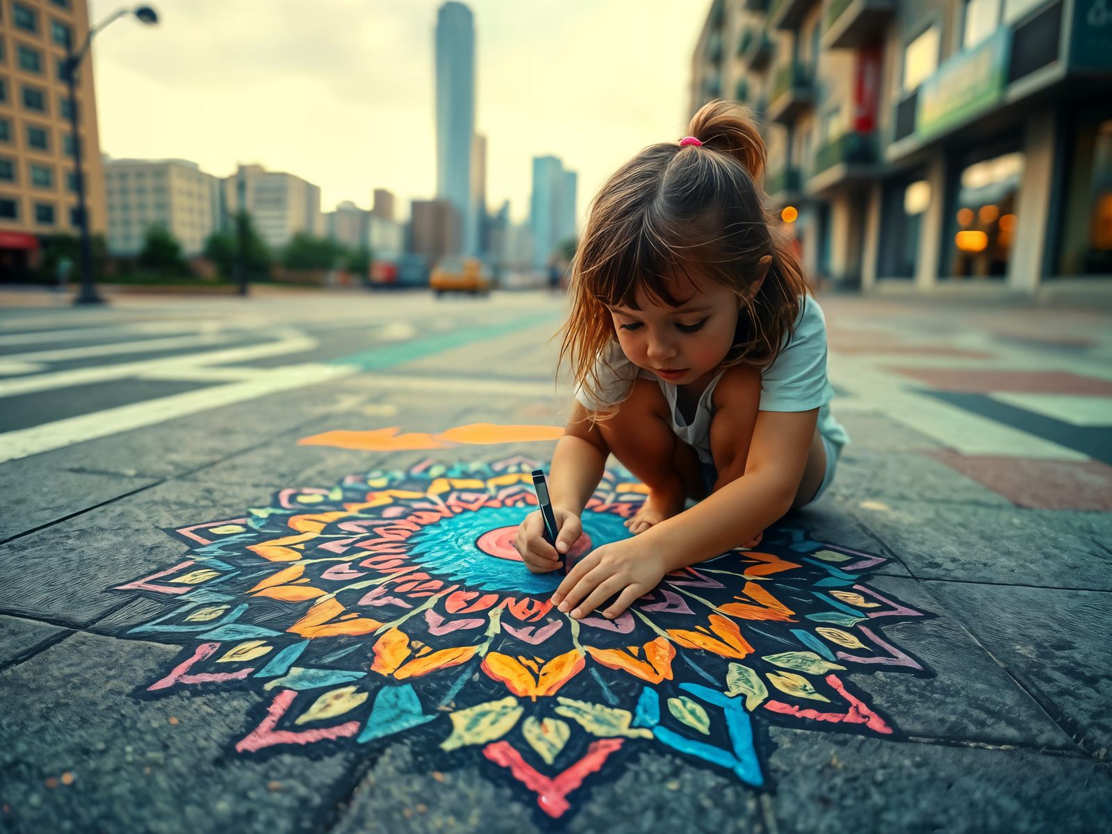 Child Creates 3D Rainbow Mandala Street Art