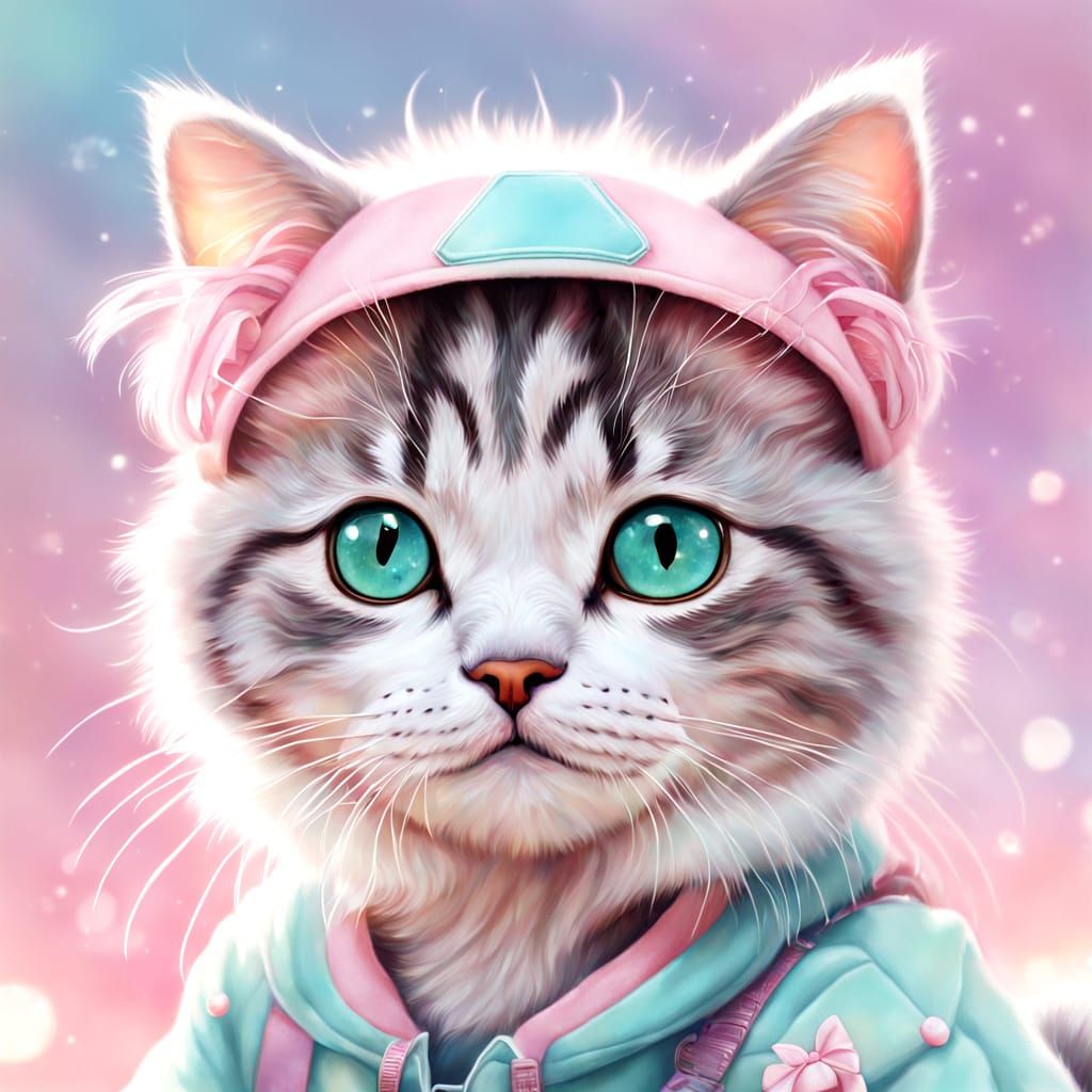 Cute Kawaii Cat in Pastel Outfit, Splash Art