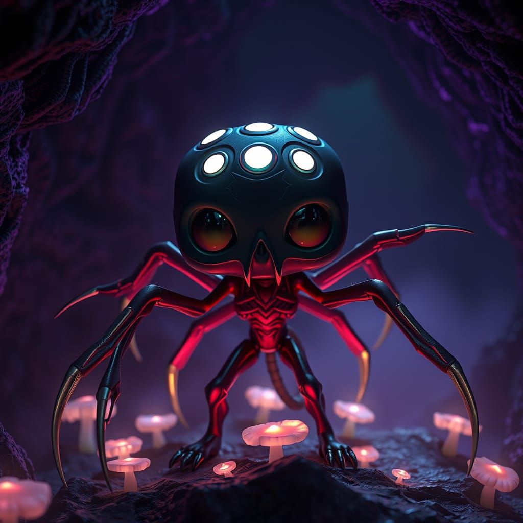 Spider Humanoid in Glowing Cavern: 3D Anime Aesthetic