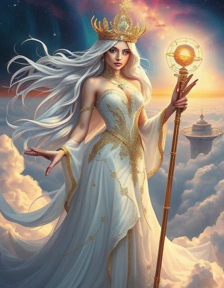 Celestial Empress on Crystalline Platform in Oil Painting
