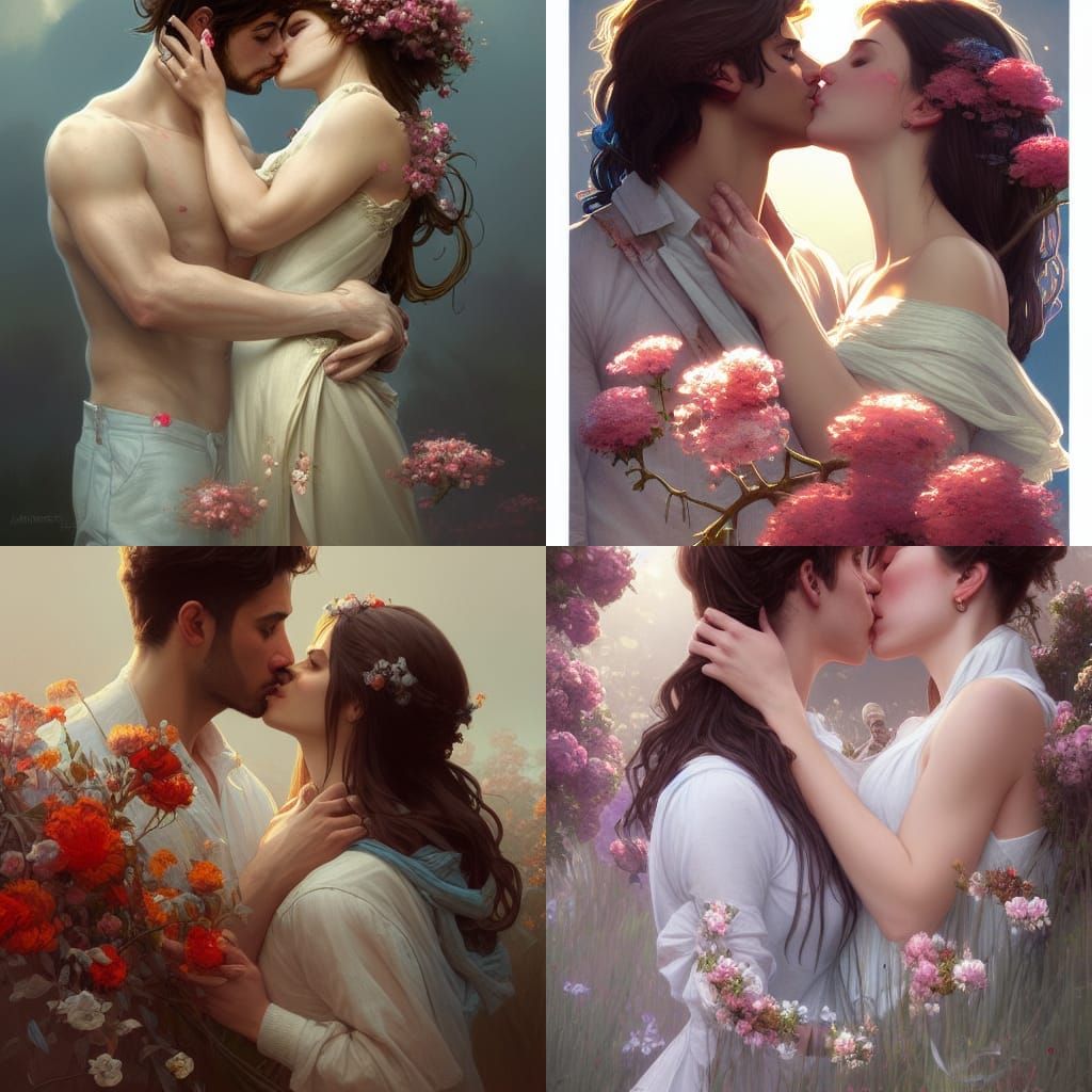 Couples Kissing Portrait in Art Nouveau Style